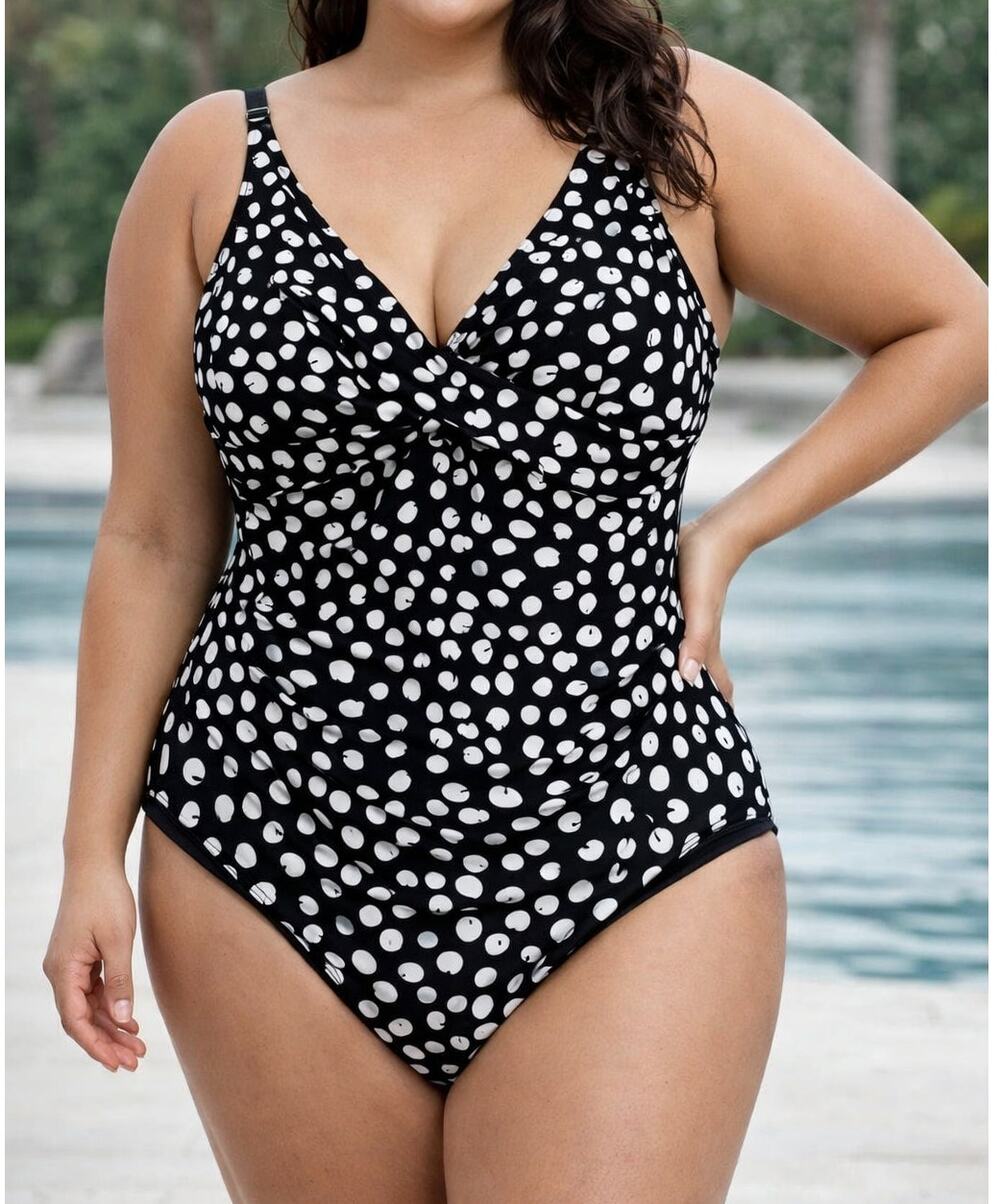 Island Escape Polka Dot One Piece Swimsuit Black White sumer Tummy Control 16